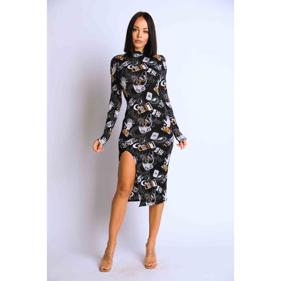 Dresses & Skirts - Women's Mock Neck Split Thigh Midi Bodycon Dress Long Sleeve Black S M L